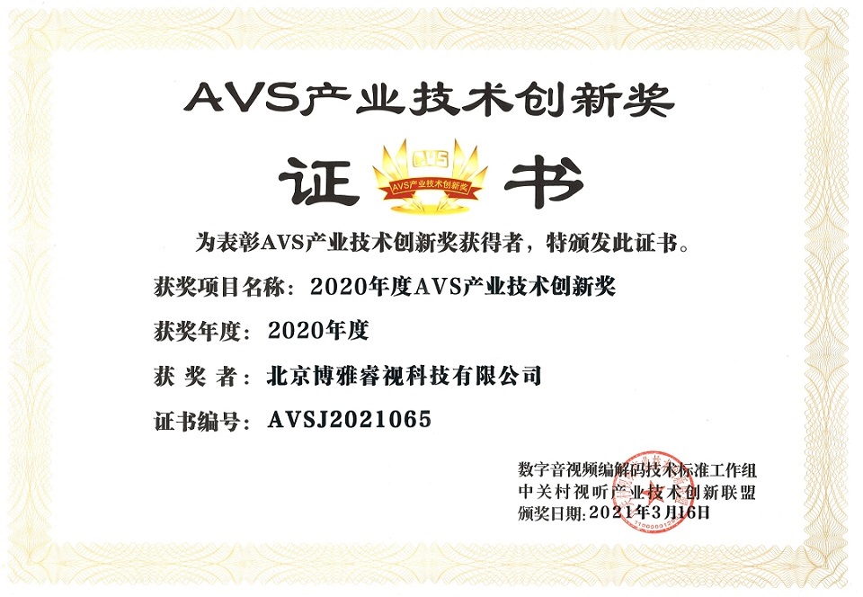 AVS产业技术创新奖证书